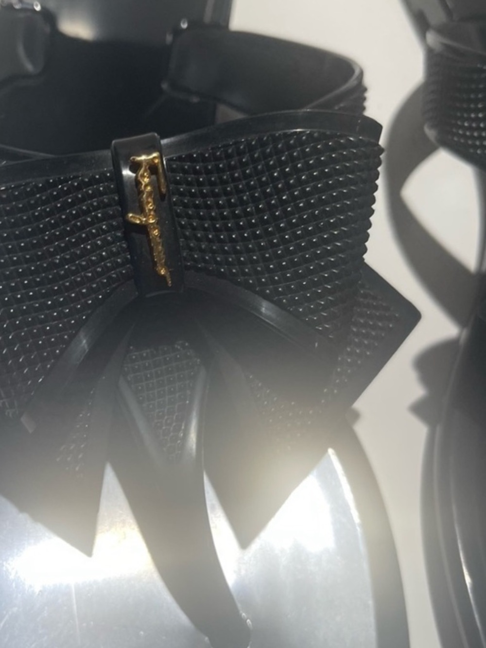 Salvatore Ferragamo Black Bow Jelly Thong Sandals with Gold Logo Accent - Picture 10 of 13